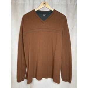 Van Heusen Men’s V Neck Sweater Brown Orange Layered Look Long Sleeve XL Casual